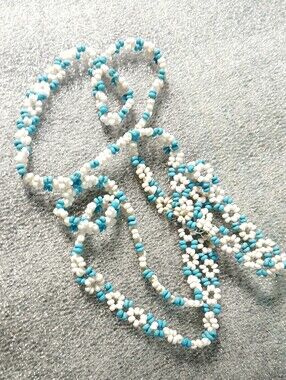 Handmade White and Turquoise Seed Beaded Flower Necklace